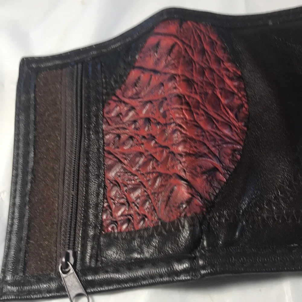 Vintage Ox Blood and Brown Patchwork Reptile Print Leather Biker Western Wallet